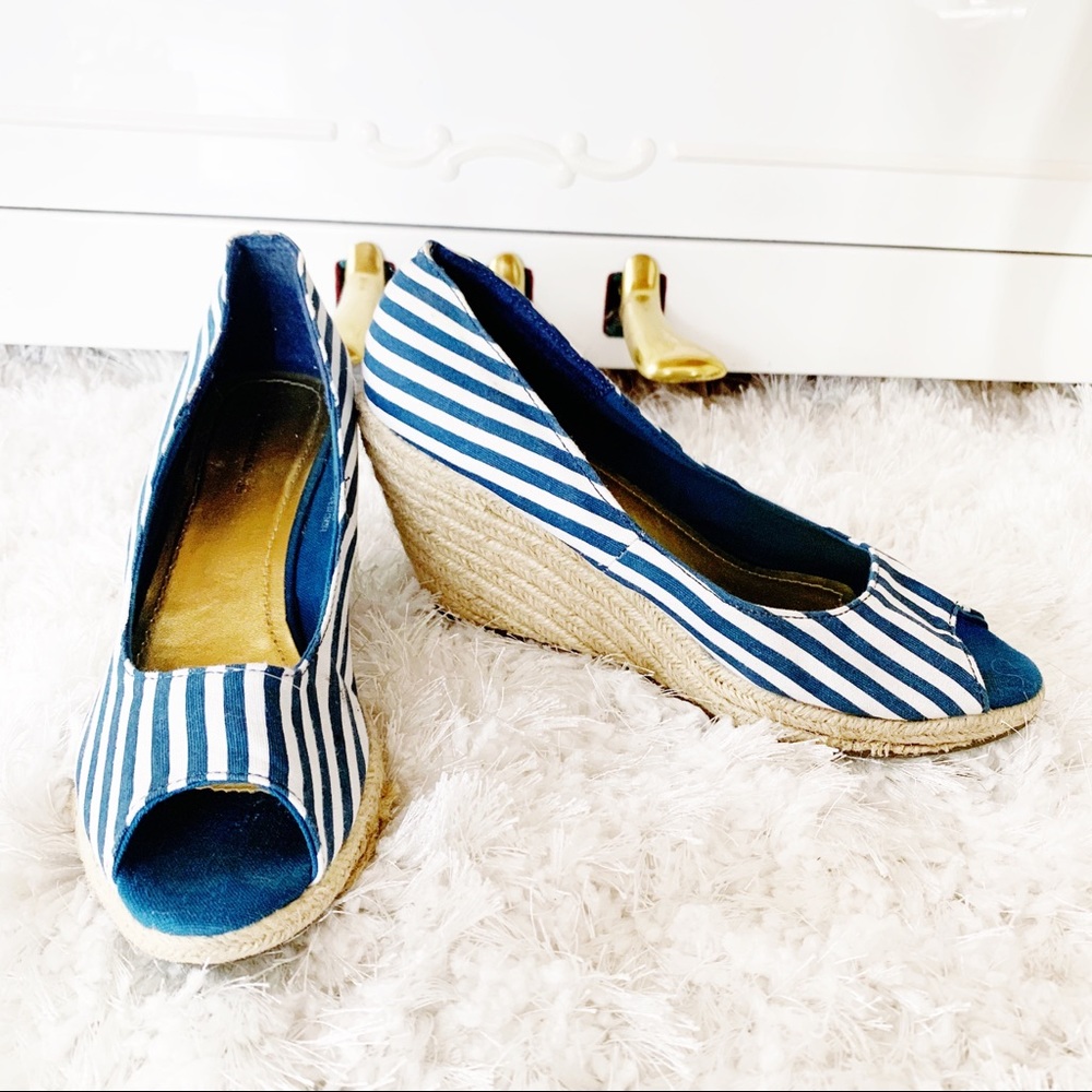 Blue & white stripe peep toe espadrilles wedges